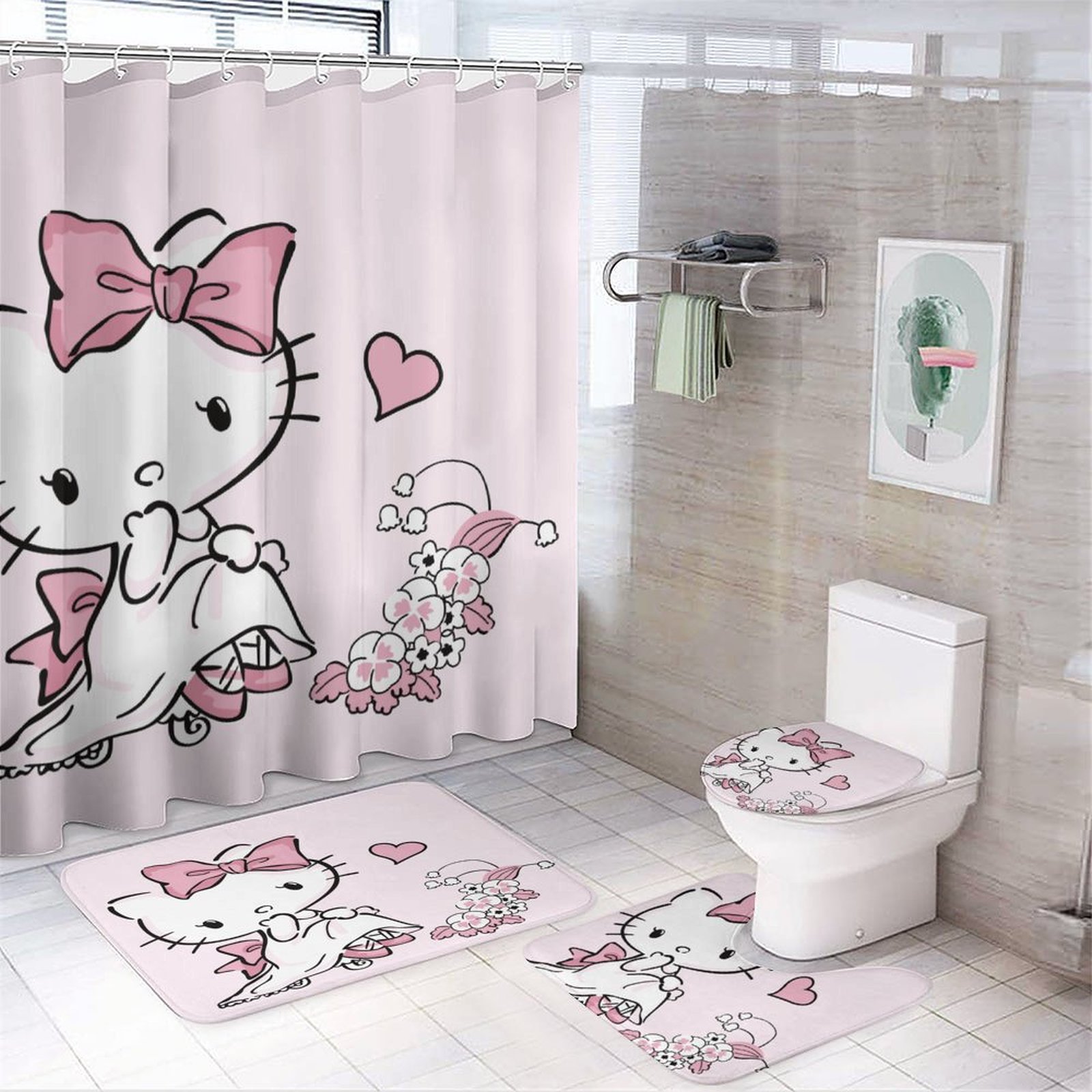 Hello Kitty Shower Curtain Anime Cat Bathroom Set 4 Piece Bathroom