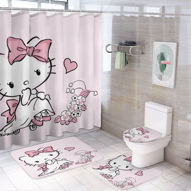 Hello Kitty Shower Curtain Anime Cat Bathroom Set 4 Piece Bathroom