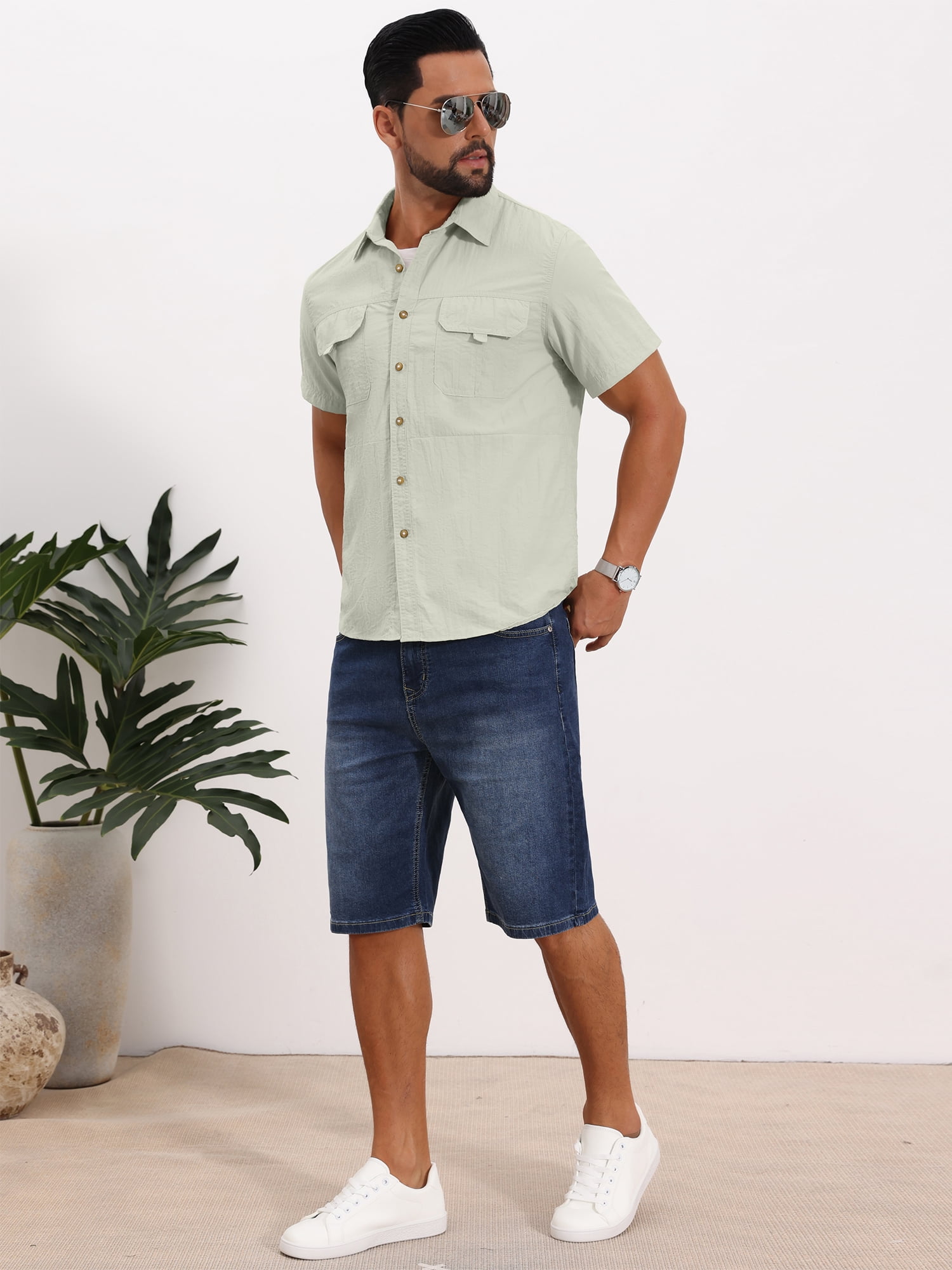 DARING DIVA Men's Solid Cargo Short Sleeve Button Down Utility Shirts M White