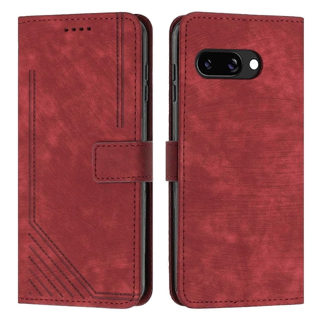 For Google Pixel 9a Case Imprinted Lines Leather Phone Cover Folding Stand - Green