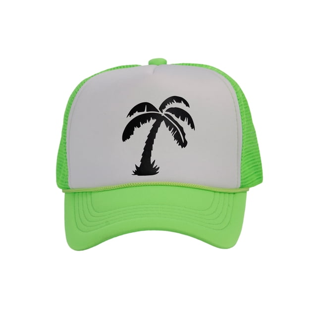 Men's Palm Tree Cap Snapback Trucker Hat, White/Neon Green
