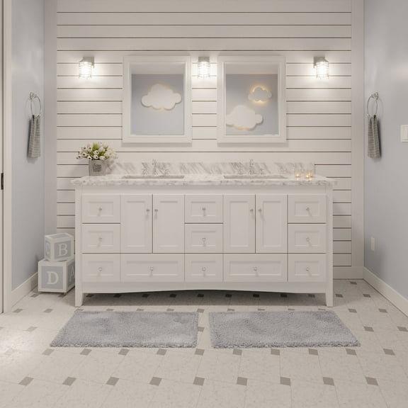 Abbey 72" Double Bathroom Vanity with White Cabinet and Carrara Marble Top
