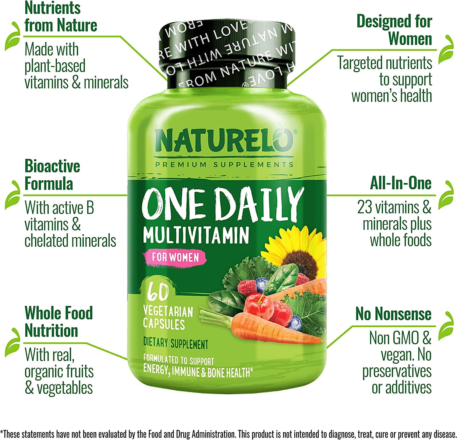 NATURELO One Daily Multivitamin for Women - Energy Support - Whole Food Supplement to Nourish Hair, Skin, Nails - Non-GMO - No Soy - Gluten Free - 120 Capsules - 4 Month Supply