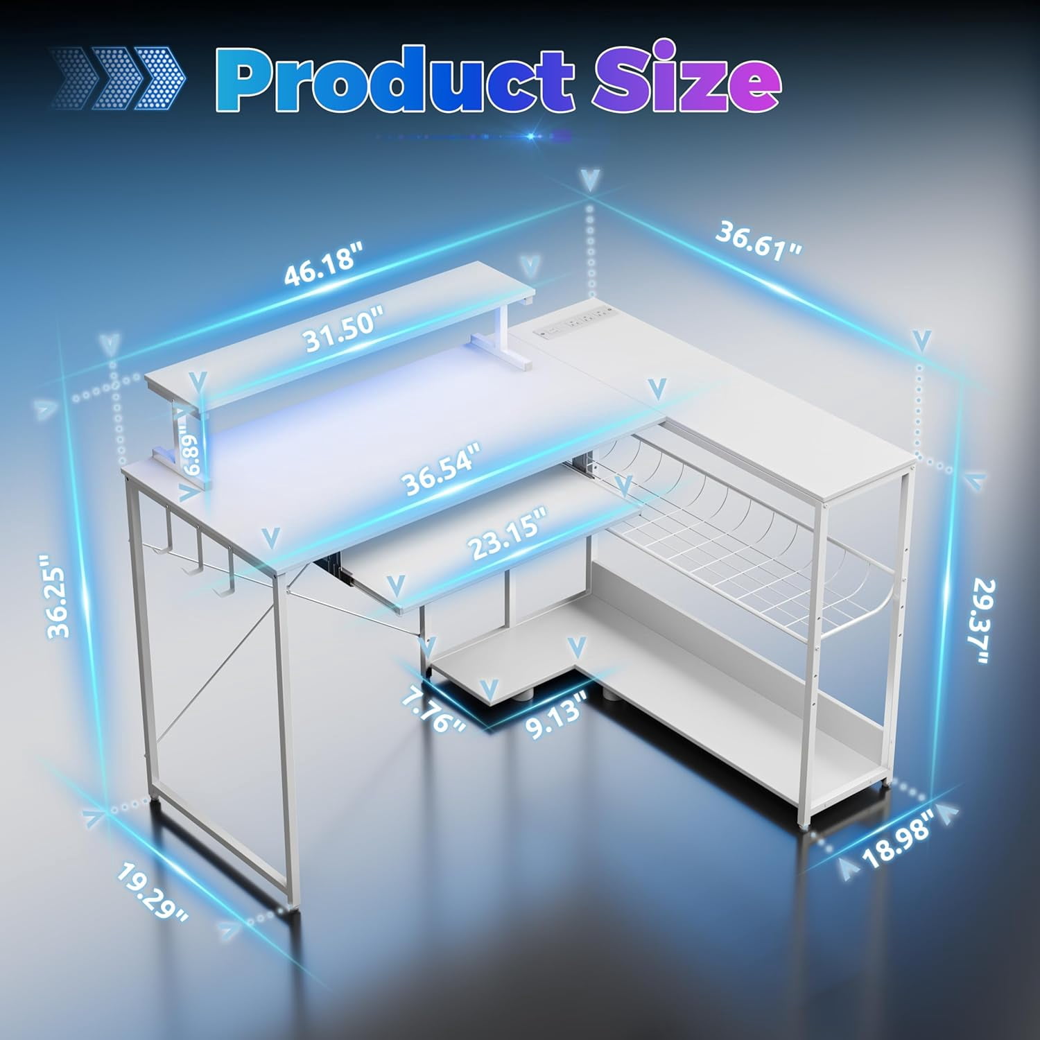 FANRAL L Shaped Computer Gaming Desk with Monitor Stand,LED Light & USB Power Outlet,Reversible Shelves Corner Desk with Keyboard Tray for Home Office Study,White Computer Desk
