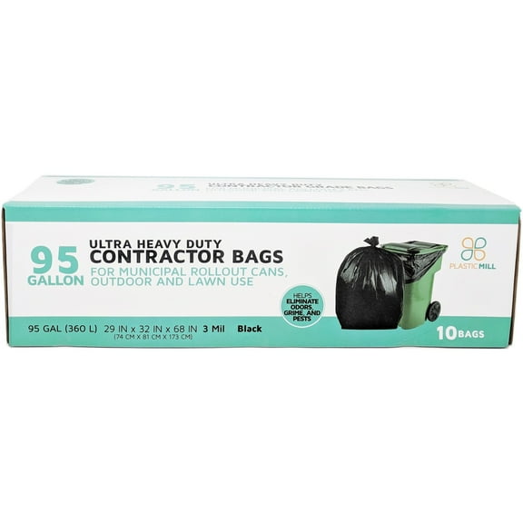 PlasticMill 95 Gallon, Black, 3 Mil, 61x68, 10 Bags/Case, Ultra Heavy Duty, Garbage Bags / Trash Can Liners / Contractor Bags.