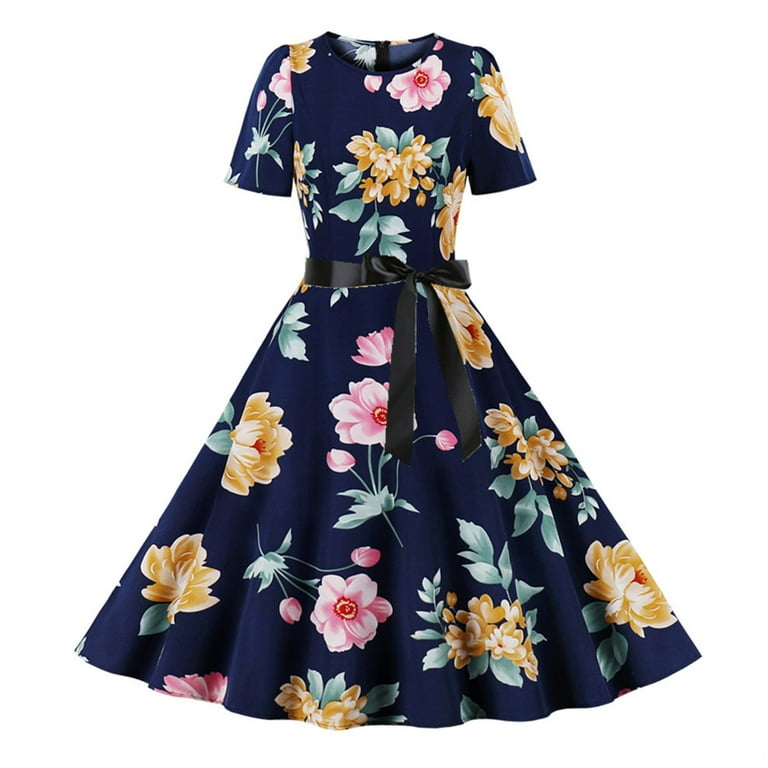 Women Summer Floral Print O Neck Casual Short Flare Sleeve Dresses Women Summer Floral Print O Neck Casual Short Flare Sleeve Dresses