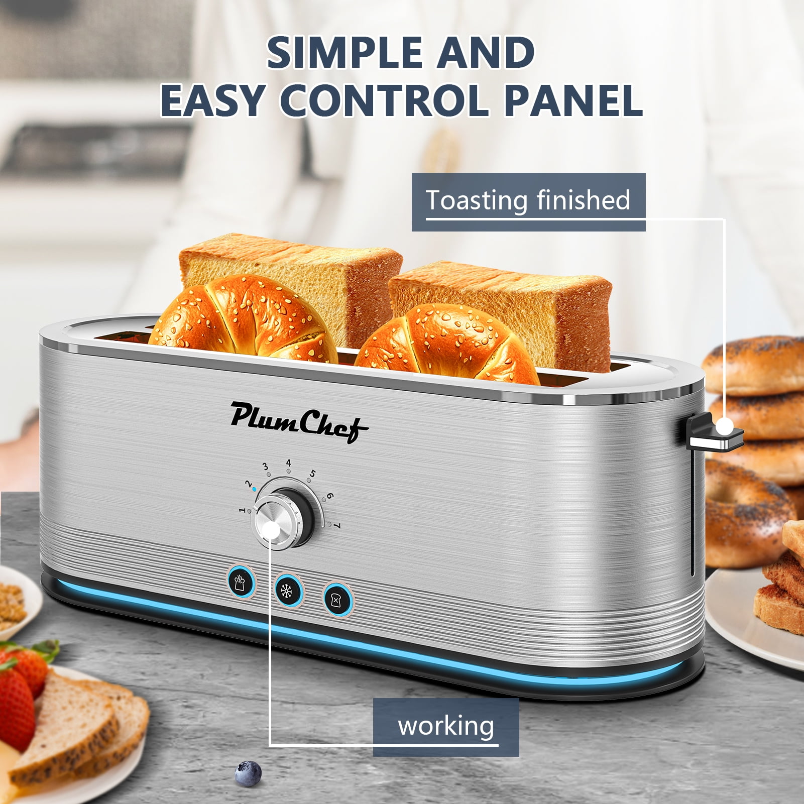 PlumChef 4-Slice Toaster, 7 Browning Settings, Defrost/Reheat Functions, Removable Crumb Tray, Full body Stainless Steel Housing 1350W ，Anti-Fingerprint & Anti-Jam(stainless steel)