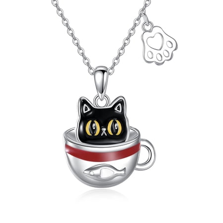 MYSTICPOEM Black Cat Necklace for Women 925 Sterling Silver Cute Animal Pendant Kawaii Cartoon Cat in Teacup Cat Jewelry Gift