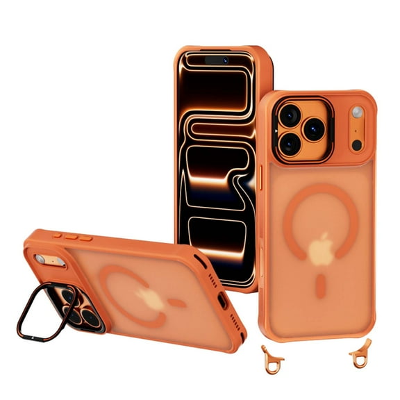for iPhone 17 Magnetic Case with Stand & 8mm Shoulder Strap, Compatible with Mag-Safe, Crossbody Phone Case with Adjustable Lanyard, Shockproof Hybrid Cover for iPhone 17, Orange