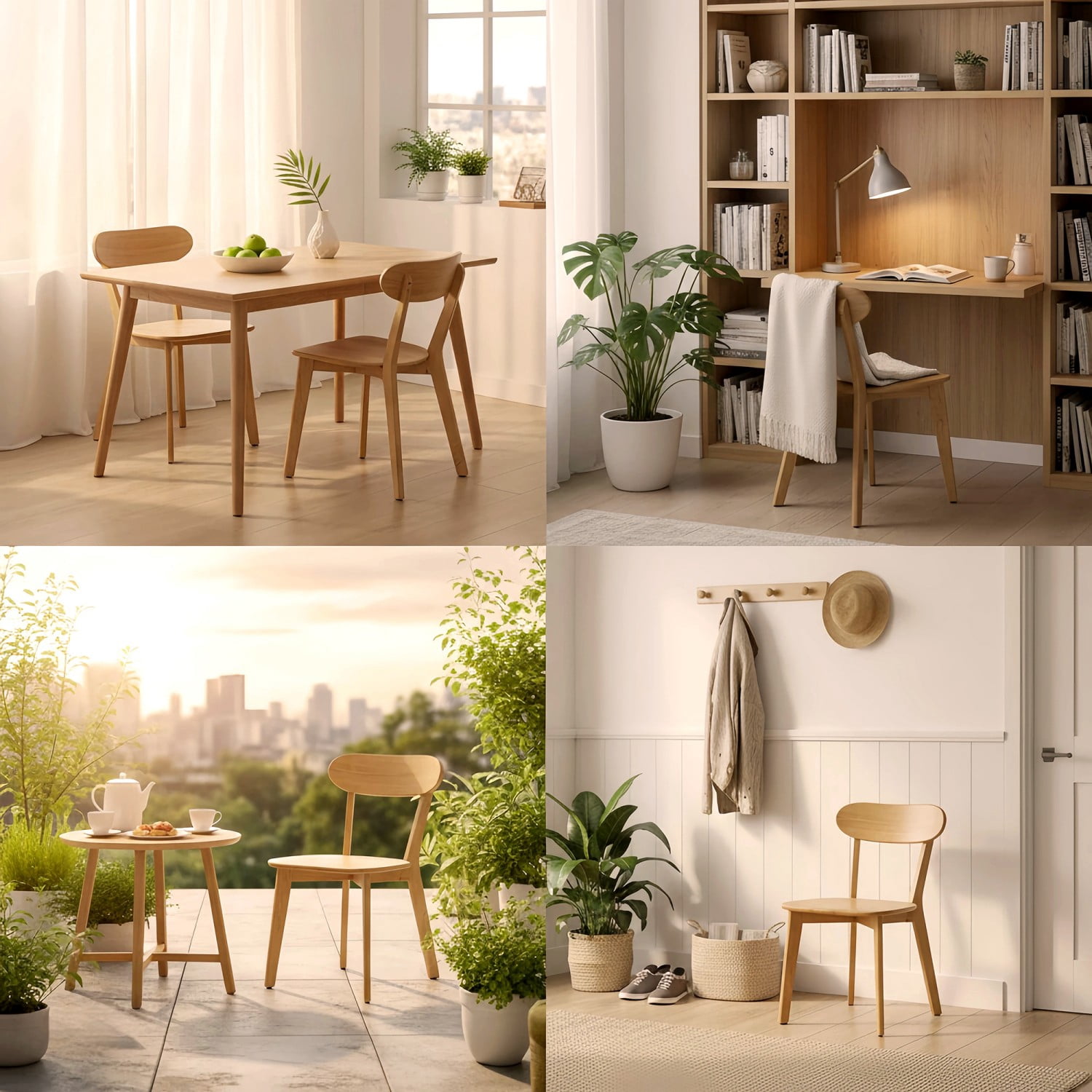 100% Natural Solid Wood Dining Chairs Set of 2 Mid Century Modern Kitchen Chairs with Curved Backrest Adjustable Foot Pads Walnut Dining Room Living Room Study Chairs, Natural