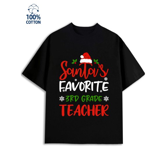 Santa's Favorite Teacher mens 180G 100% Cotton black Casual Unisex Shirt Short Sleeve tshirts Funny Unisex Shirt Graphic Tee tshirts Fashion Unisex Shirt Cotton tshirts
