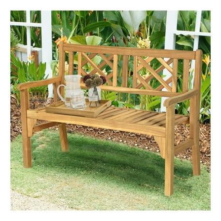 Acacia Wood Patio Bench - Outdoor Garden Bench for 2 People - Teak Finish - Folding, Curved Backrest & Armrests - 705lbs Capacity