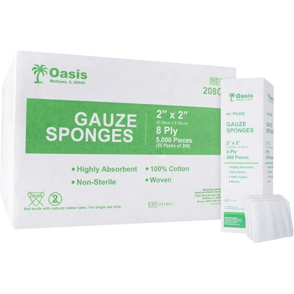 Oasis 2 x 2 inch Gauze Sponges, 100% Cotton, 8-Ply Woven Non-Sterile Gauze, 1 Case of 5000