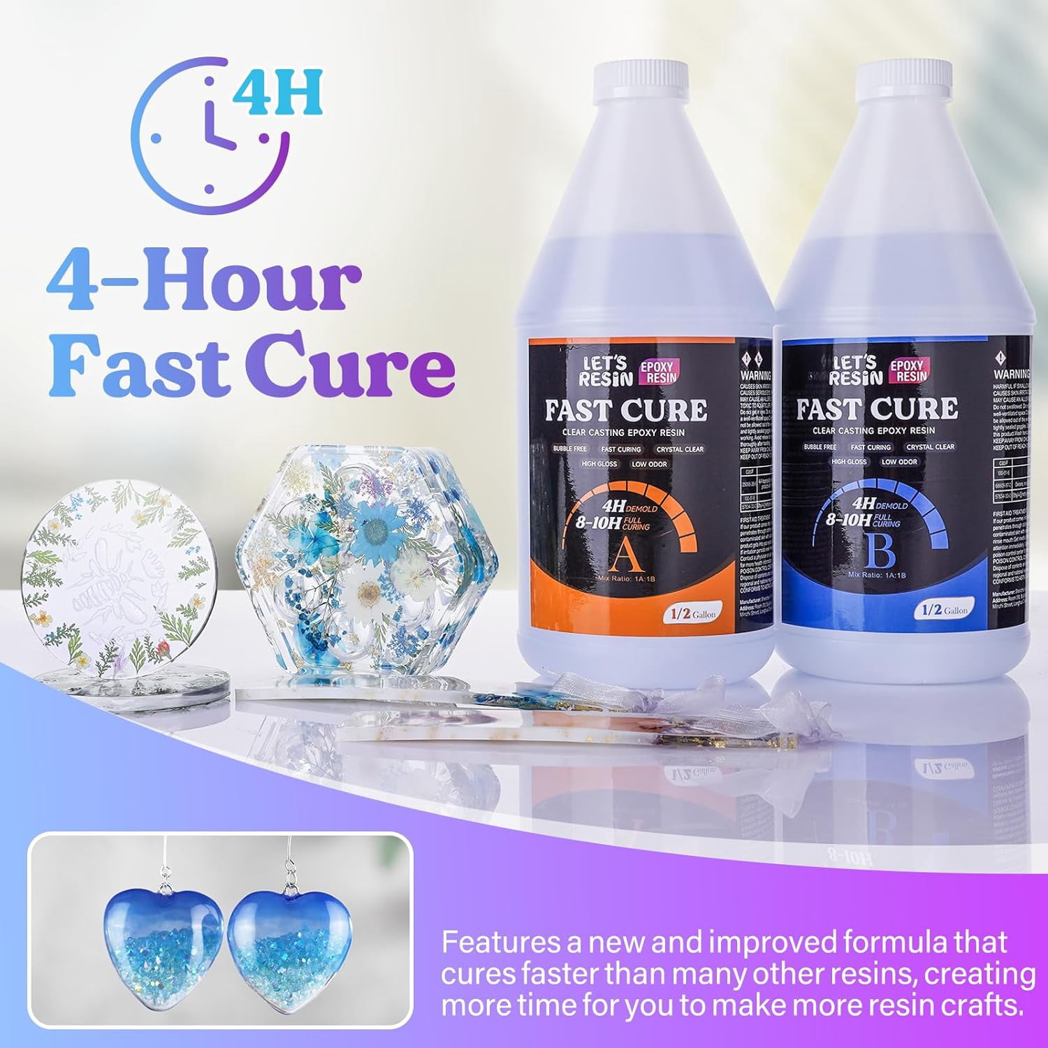 LET'S RESIN Fast Cure Epoxy - 1 Gallon, 4-Hour Demold, Crystal Clear & Bubble Free for Jewelry, Art, Molds