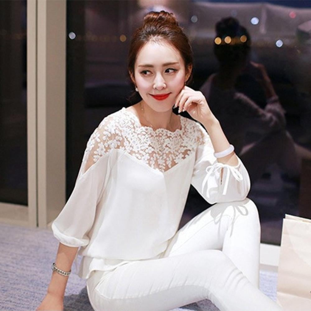 Women Ladies Long Sleeve Shirt Hollow out Flowers Lace Chiffon Blouse Tee Tops