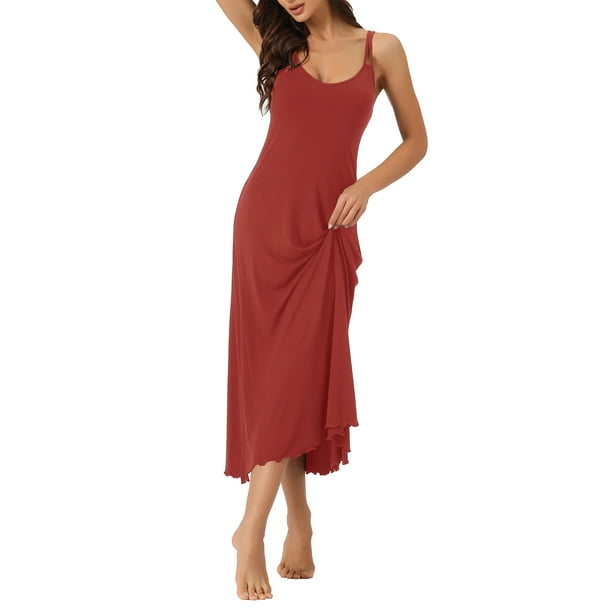 Vestido de pijama para mujer Inspire Chic con tirantes de espagueti, escote redondo, espalda cruzada, camisón largo, color rojo