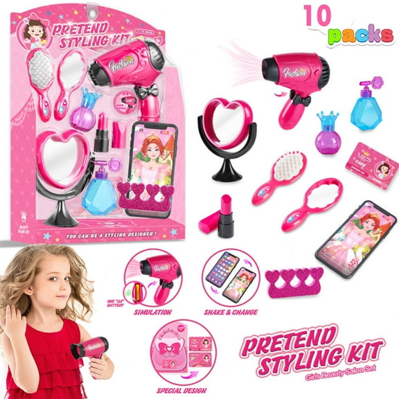 NimJoy Pretend Styling Kit Play Makeup Toys for Girls 3-6 Years Kids Birthday Valentine Present, Toddler Beauty Salon Set W/Real Hairdryer & Toys Iphone 10PCS Pink Stylist Play Set