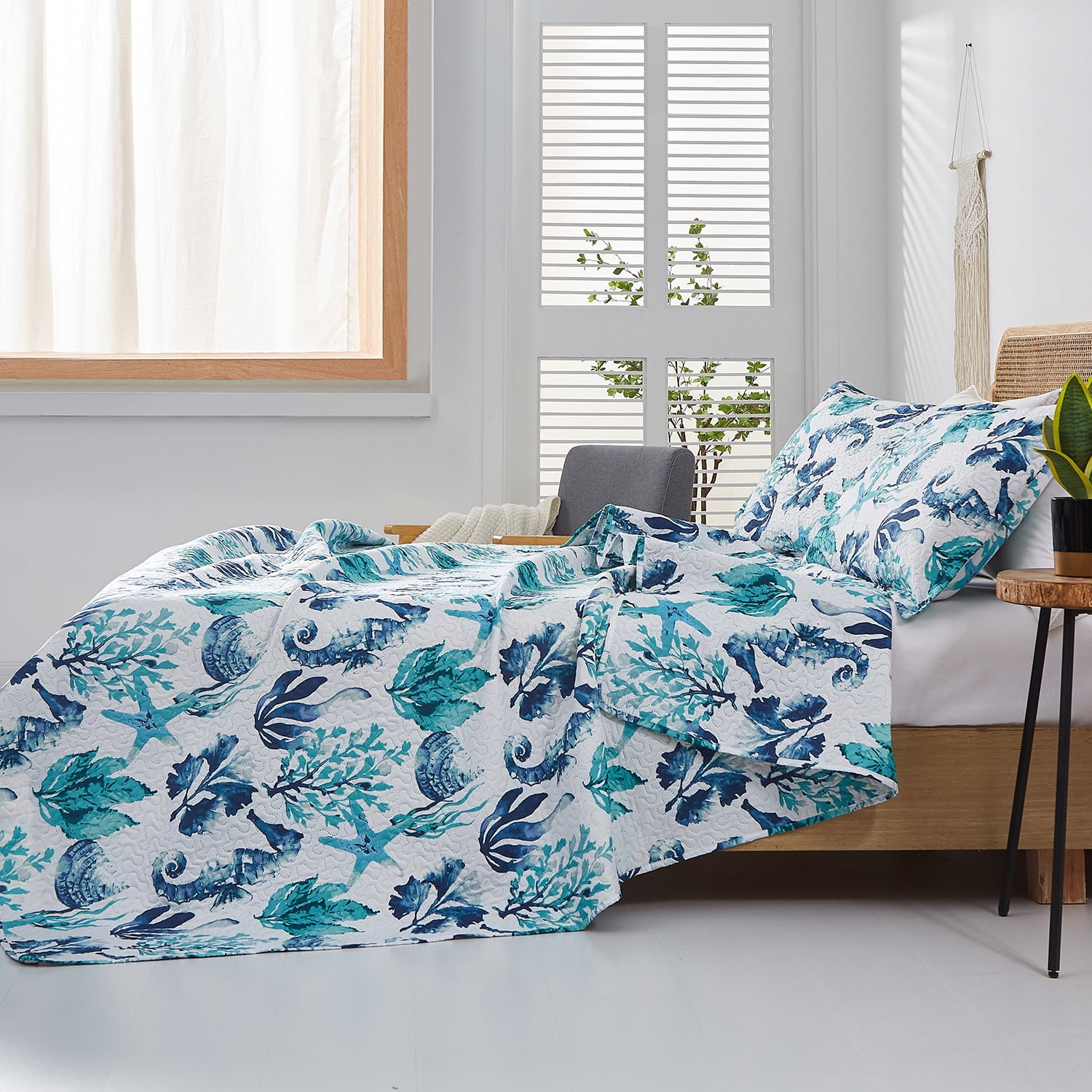 Smuge 3Pcs Twin Size Seashell Bedding,Soft Lightweight Microfiber Bedding Bedspreads Reversible Coverlet, 1 Quilt & 2 Pillow Shams (Blue)