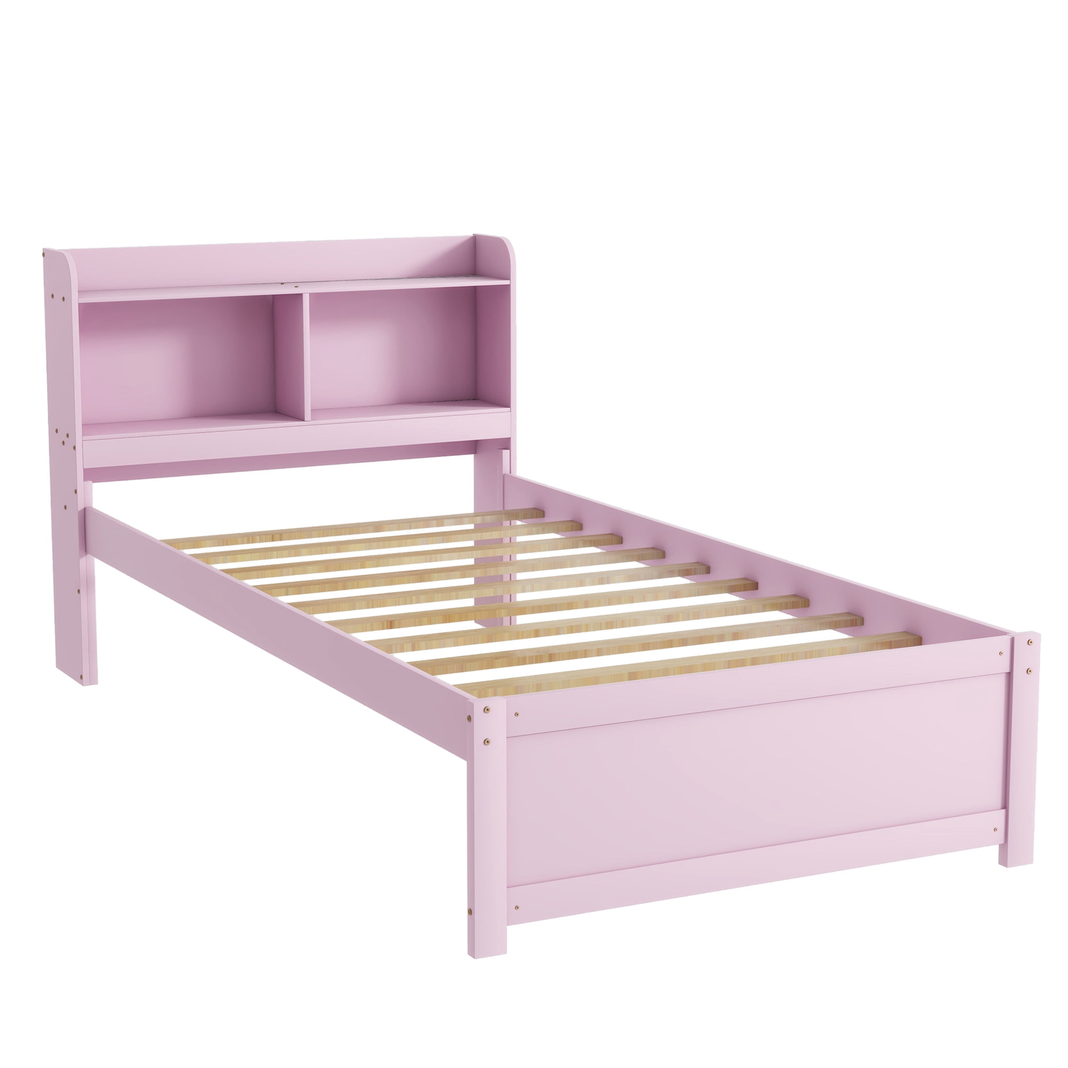 Noble House Katen Twin Bed with Extra Trundle and Bookcase Storage, Pine Wood Platform Bed with Bookshelf, Pink