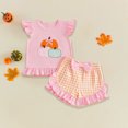 thumbnail image 2 of Zaveiop Toddler Baby Girl Halloween Outfit Little Baby Girls Summer Fall Clothes Ghost Pumpkin Embroidered Flying Sleeve Ruffled Hem Shirt Tops and Plaid Shorts 2 Piece Set Size 2-3 Years, 2 of 4