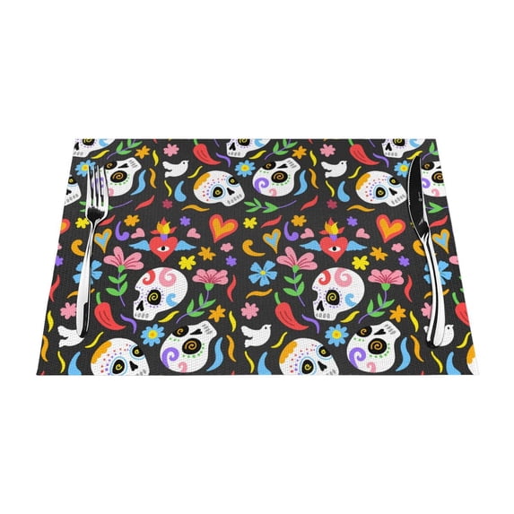 XMXT 1 Pcs Woven Placemats, Cute Skull Love Flower Stain Resistant Anti-Skid Placemat for Kitchen Table, 12 x 18 inches