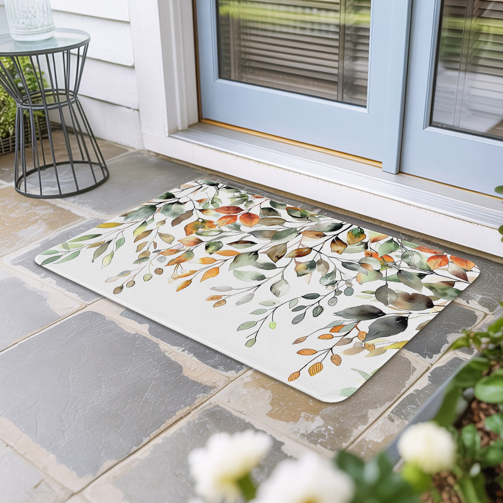 Orange Green Eucalyptus Leaves Door Mat Indoor Outdoor,Fall Botanical Watercolor Non Slip Welcome Mat with Rubber Backing,Absorbent Fabric Front Door Mats Entryway Rug for Home Patio Entrance 18"x30"