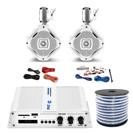 Pyle PFMRA350BW 2-Channel Bridgeable 200 Watts RMS Marine Amplifier, 2x Lanzar AQWB65W 6.5-Inch 2-Way 500 Watt Wake Board Tower Speakers - White, Pyle 8 Gauge Amp Install Kit, Enrock 18g Speaker