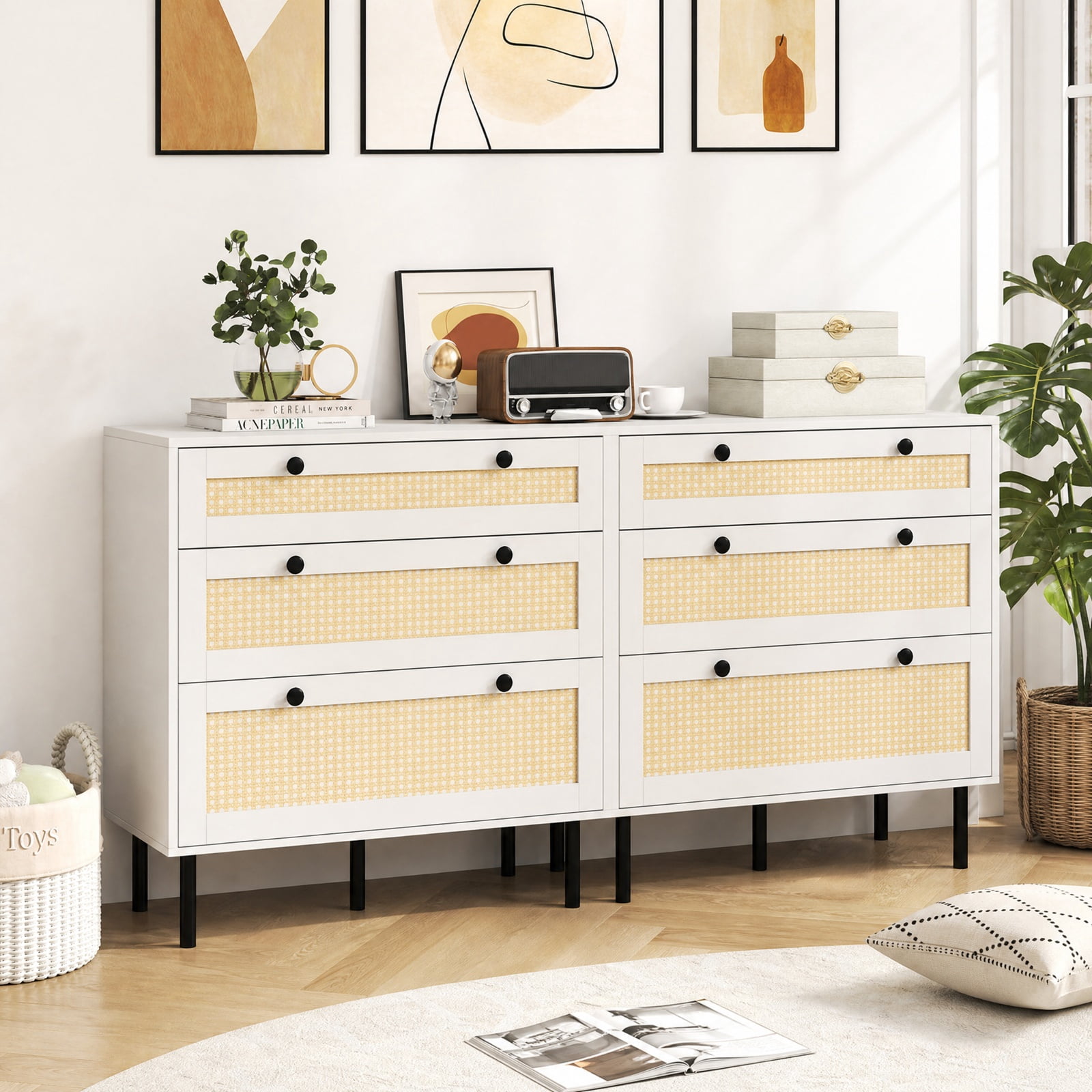 Furnibear 3-Drawer Rattan Nightstand Boho Chest of Drawers for Bedroom for Bedroom Closet Living Room Nursery Clothes Storage, White