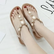Anuirheih Ladies Sandals Rhinestone Buckle Style Wedge Heel Large Size Flip Flop Sandals Sandals Women (Beige)