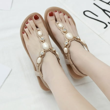 

VKEKIEO Flat Toe Sandals For Women Dressy Summer Flat Heel Buckle Rhinestone Beige 37