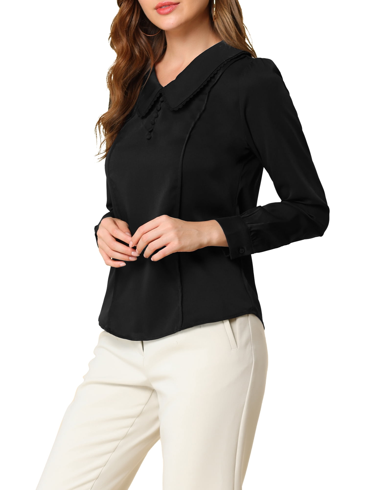 DARING DIVA Women's Peter Pan Collar Button Chiffon Blouse XL Black