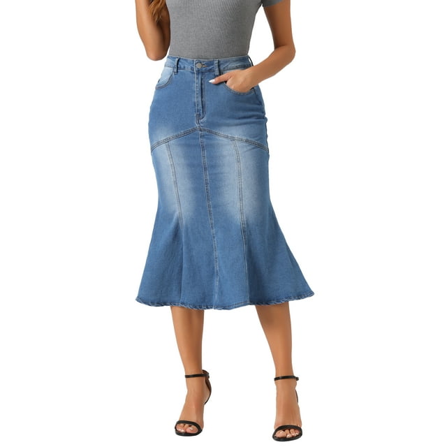 Falda de mezclilla con cola de pez Inspire Chic para mujer, falda midi de jean ajustada, L azul claro