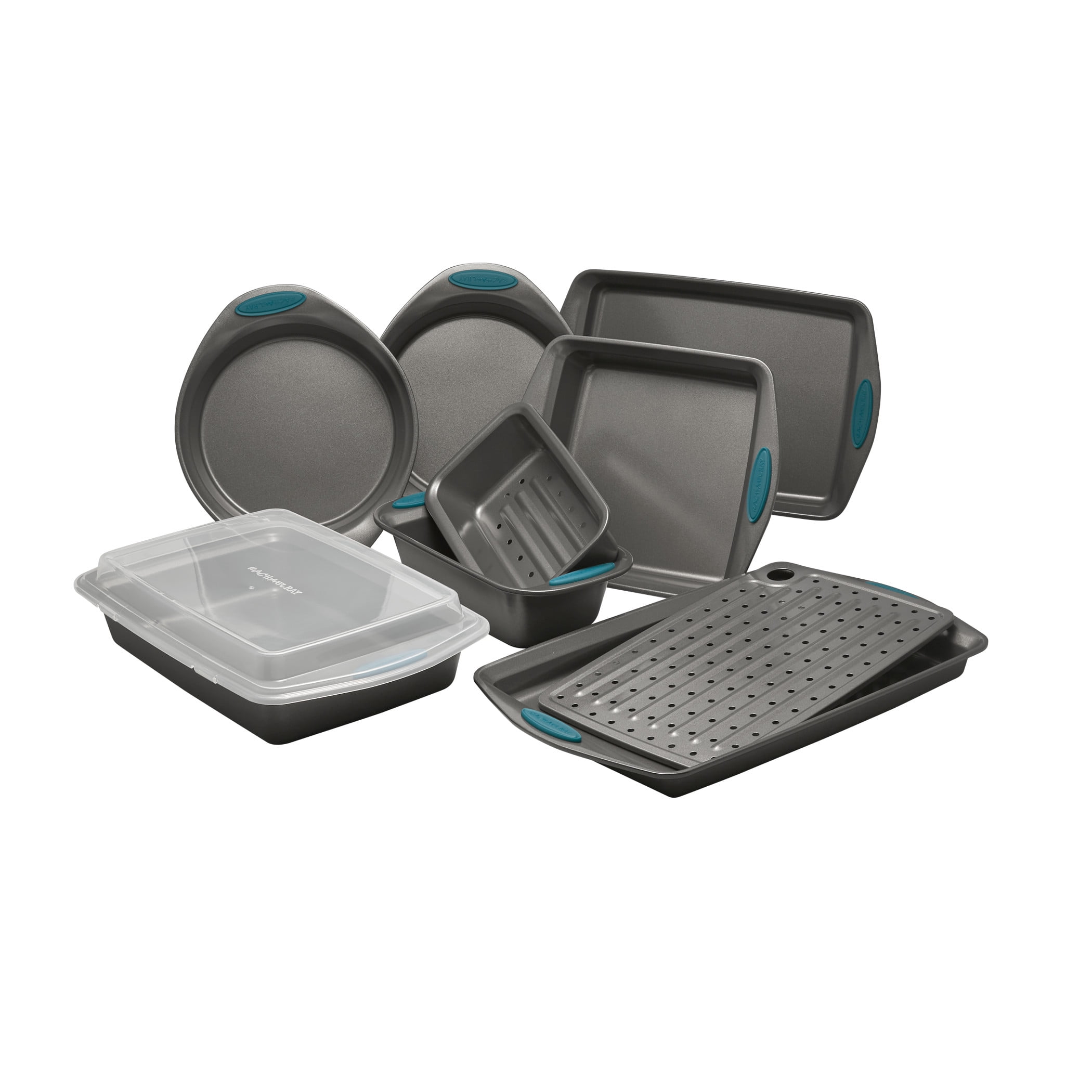 Rachael Ray 10-Piece Yum-o! Nonstick Bakeware Oven Lovin' Bakeware Set, Gray with Marine Blue Handles