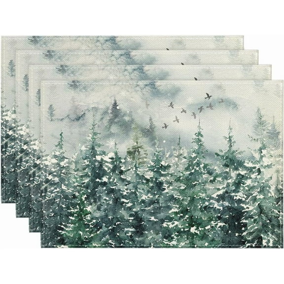 mubwai Green Tree Snow Christmas Placemats Set of 4, 12x18 Inch Seasonal Winter Table Mats for Party Kitchen Dining Decoration