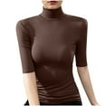 thumbnail image 2 of QIUOMBBP Women's Mock Neck Half Sleeve Shirts Ribbed Knit Slim Fit Basic Tee Casual Comfy Simple Tops Coffee XL, 2 of 7