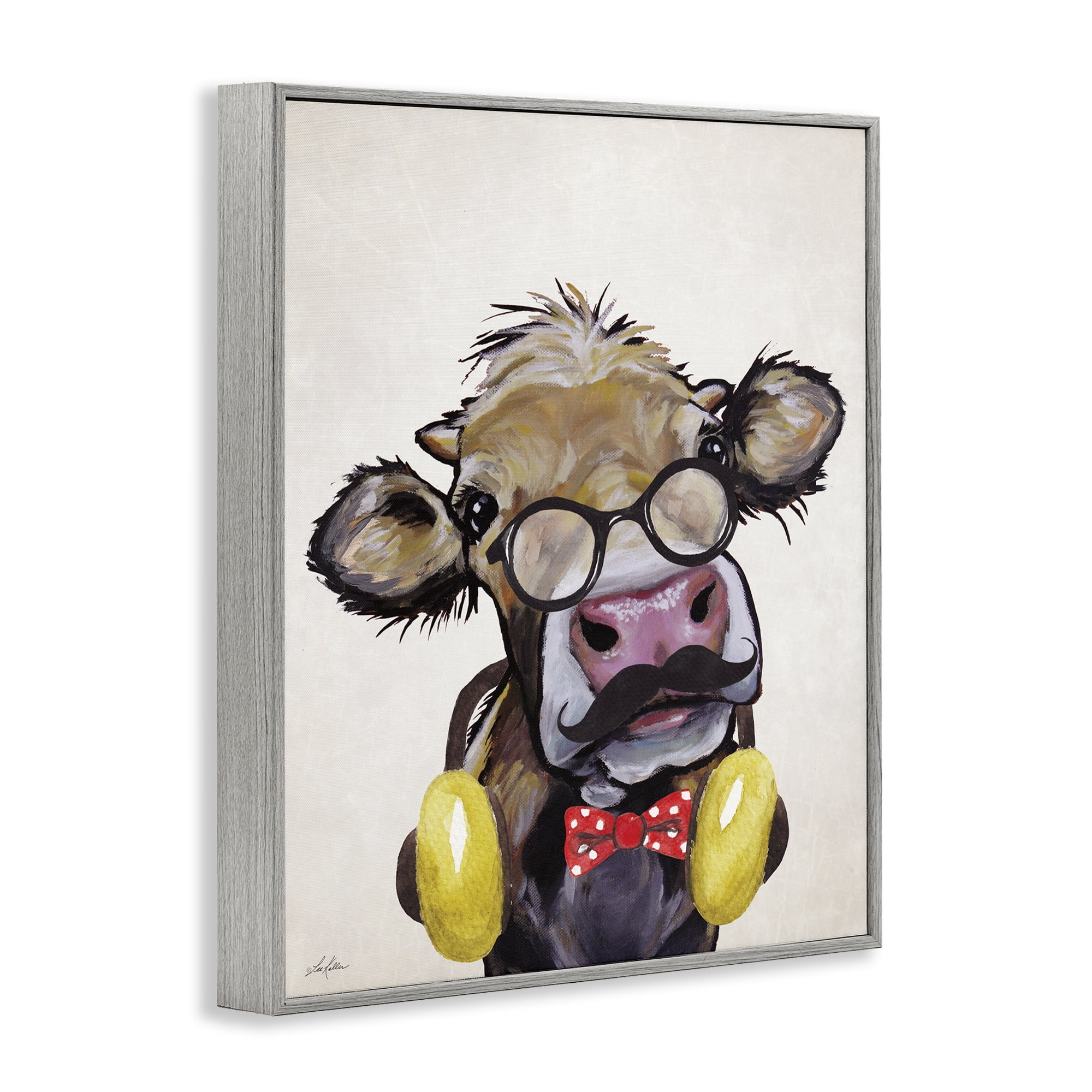 Stupell Industries Hipster Cow & Headphones Animals & Insects Painting Gray Framed Art Print Wall Art, 24 x 30