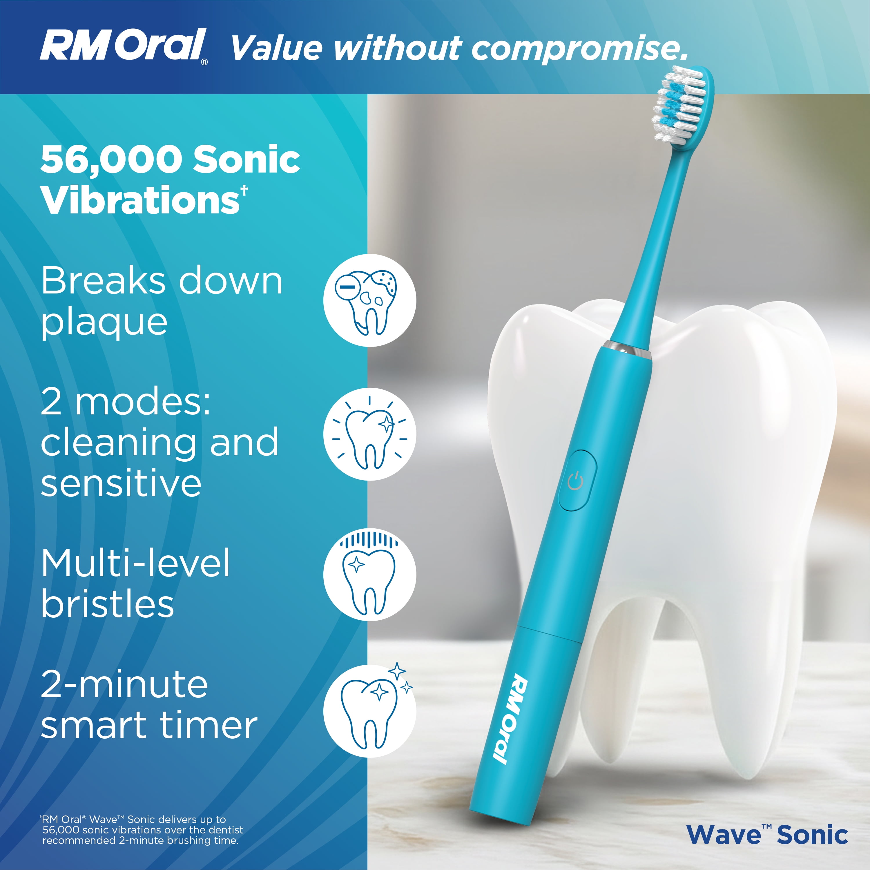 RM ORAL Wave Sonic Battery Toothbrush, Soft Bristles, 56,000 Sonic Vibrations, Travel Case, Aquamarine
