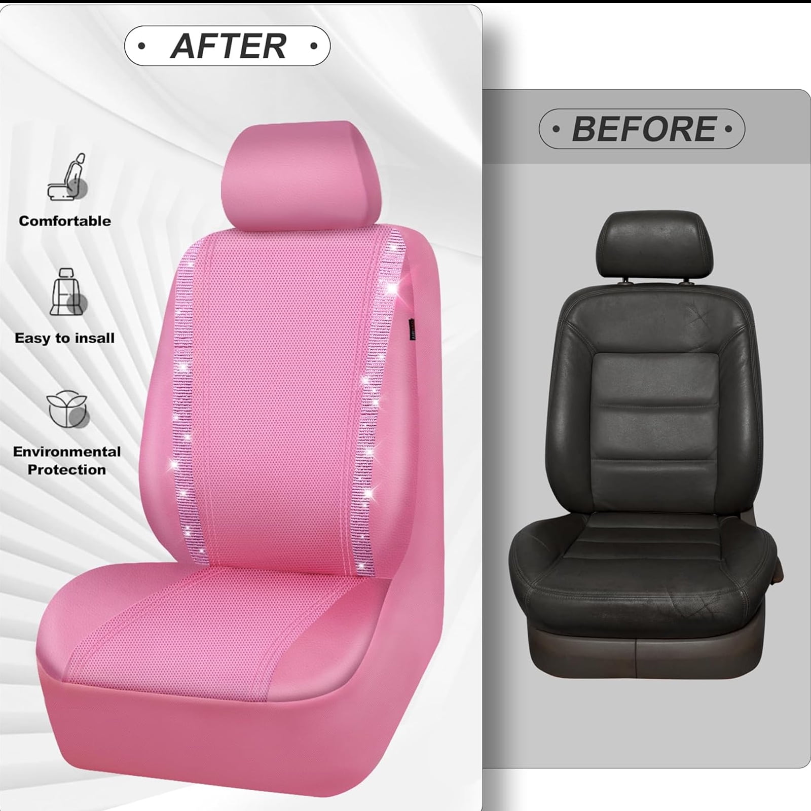 Car-Grand Bling Diamond Rhinestone Leather car seat covers full set waterproof universal shinning glitter crytal sparkle fit automotivve truck SUV Cute girl femal All Pink