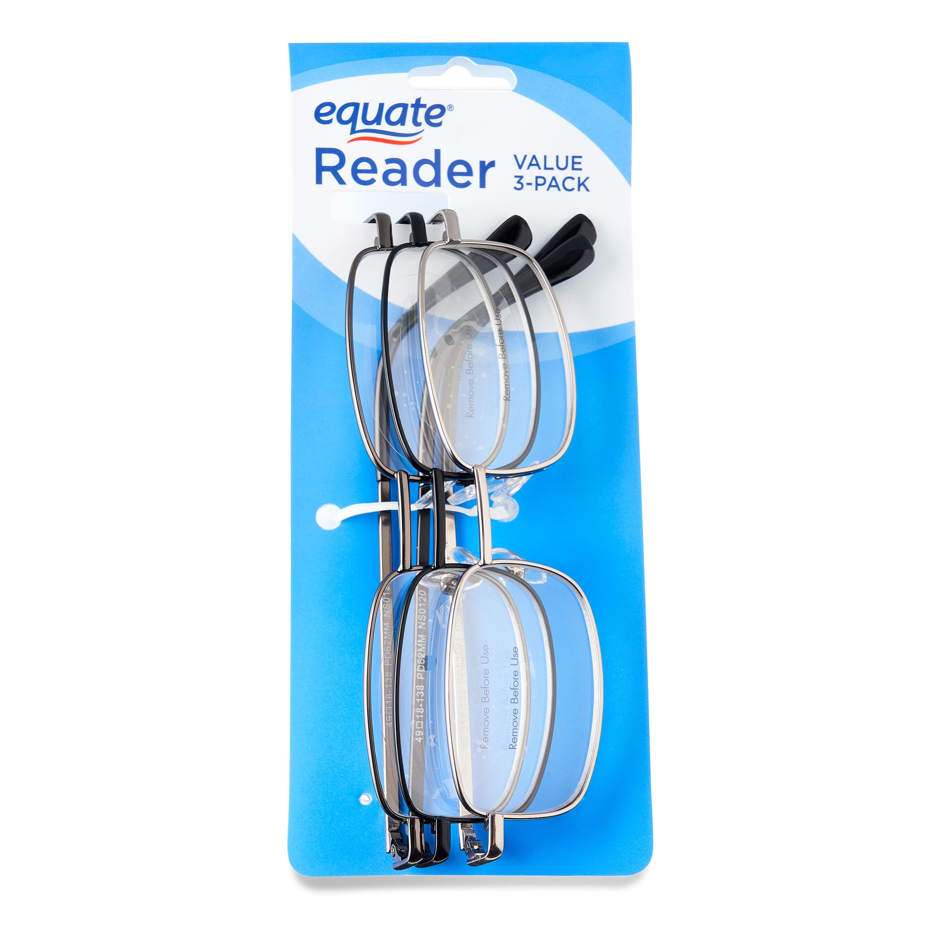 Equate Men's Square Reader Glasses Value 3-Pack, Black/Brown/Gunmetal, +1.50