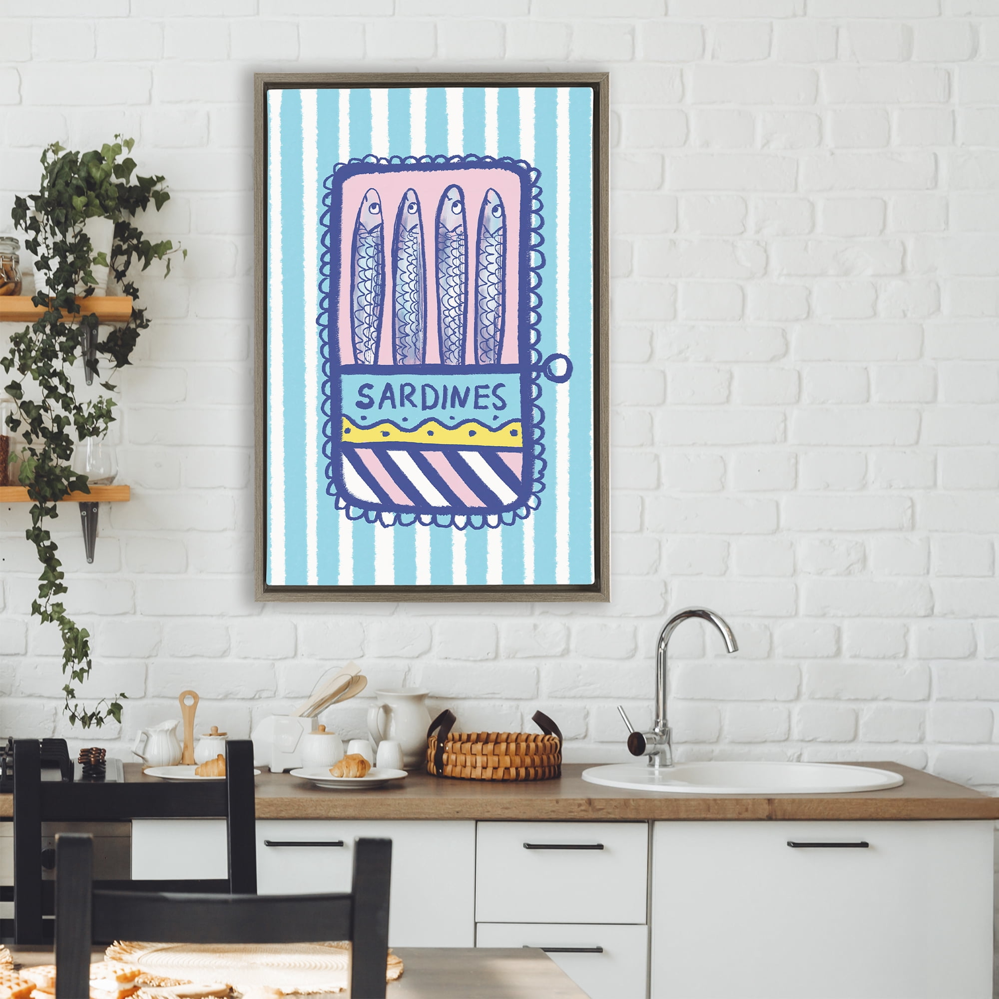 Stupell Industries Pastel & Stripes Sardines Brown Framed Floater Canvas Wall Art, design by Florentina Dolci