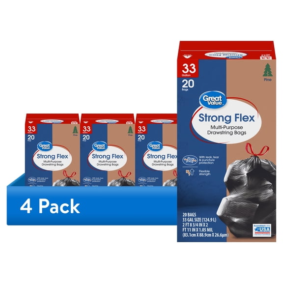 Great Value Strong Flex Multi-Purpose Trash Bags, Made with 10% Post-Consumer Recycled Materials, 33 Gallon, (Pine Scent, Drawstring)
