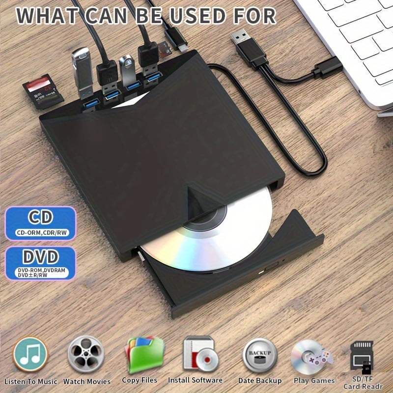 7-In-1 Multifunctional External Player/Reader/Writer USB C Portable CD/DVD+/-RW Drive/Dvd Player, USB 3.0 USB C Hub DVD CD Burner, Compatible with Laptops, Desktops, And All-In-One Computers