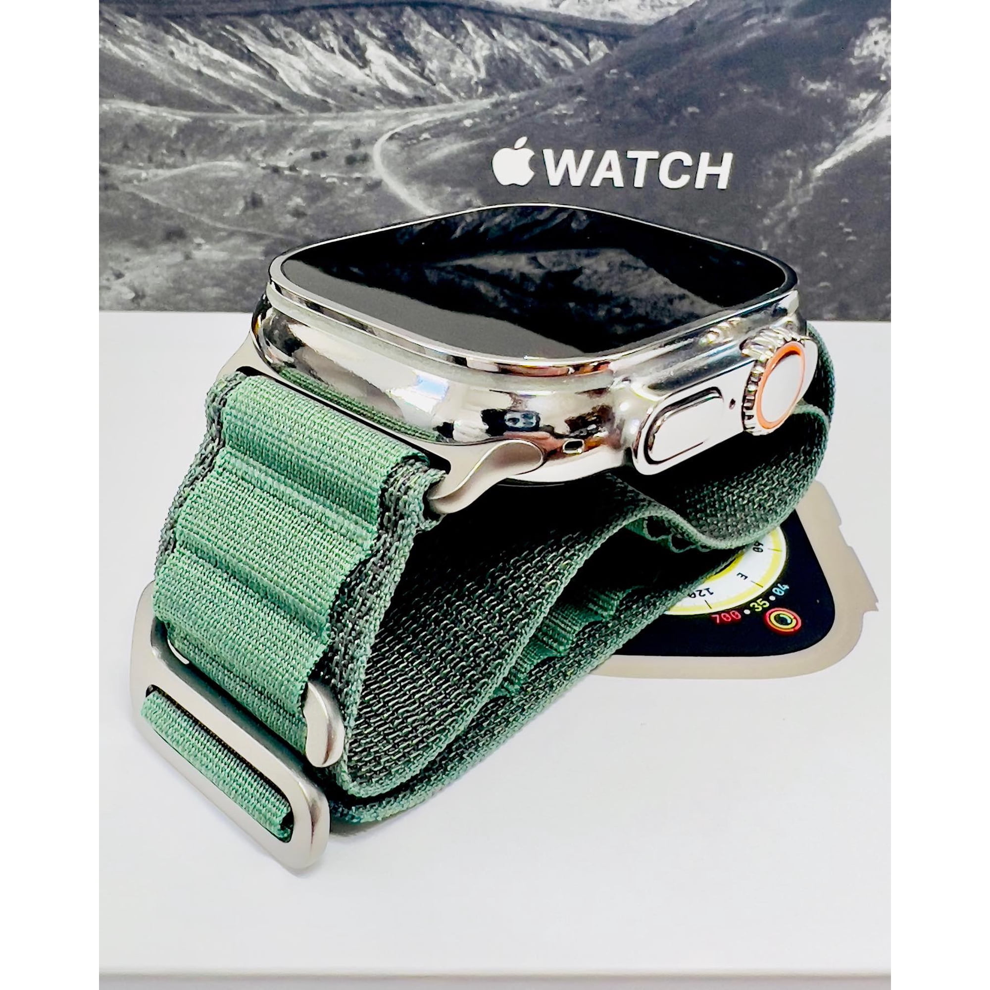 DE Billas Luxury iWatch ULTRA (GPS) + Cellular 49 mm Silver Stainless Steel with Green Band