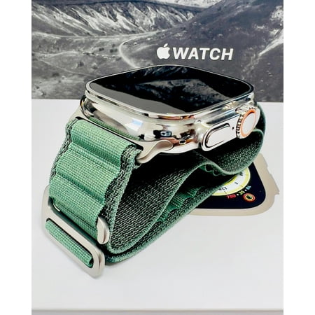 DE Billas Luxury iWatch ULTRA (GPS) + Cellular 49 mm Silver Stainless Steel with Green Band