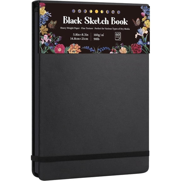 50 Sheets Black Paper Sketchbook, 98lb/160gsm Heavyweight Black Sketch Pad 5.8x8.3in, Acid-Free Drawing Paper, Spiral Bound Sketch Book for , Teens, Artist