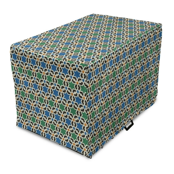 Moroccan Dog Crate Cover, Geometric Hexagonal Pattern Stars Style Eastern Zellige Art, Easy to Use Pet Kennel Cover Small Dogs Puppies Kittens, 7 Sizes, Green Blue Black, by Ambesonne