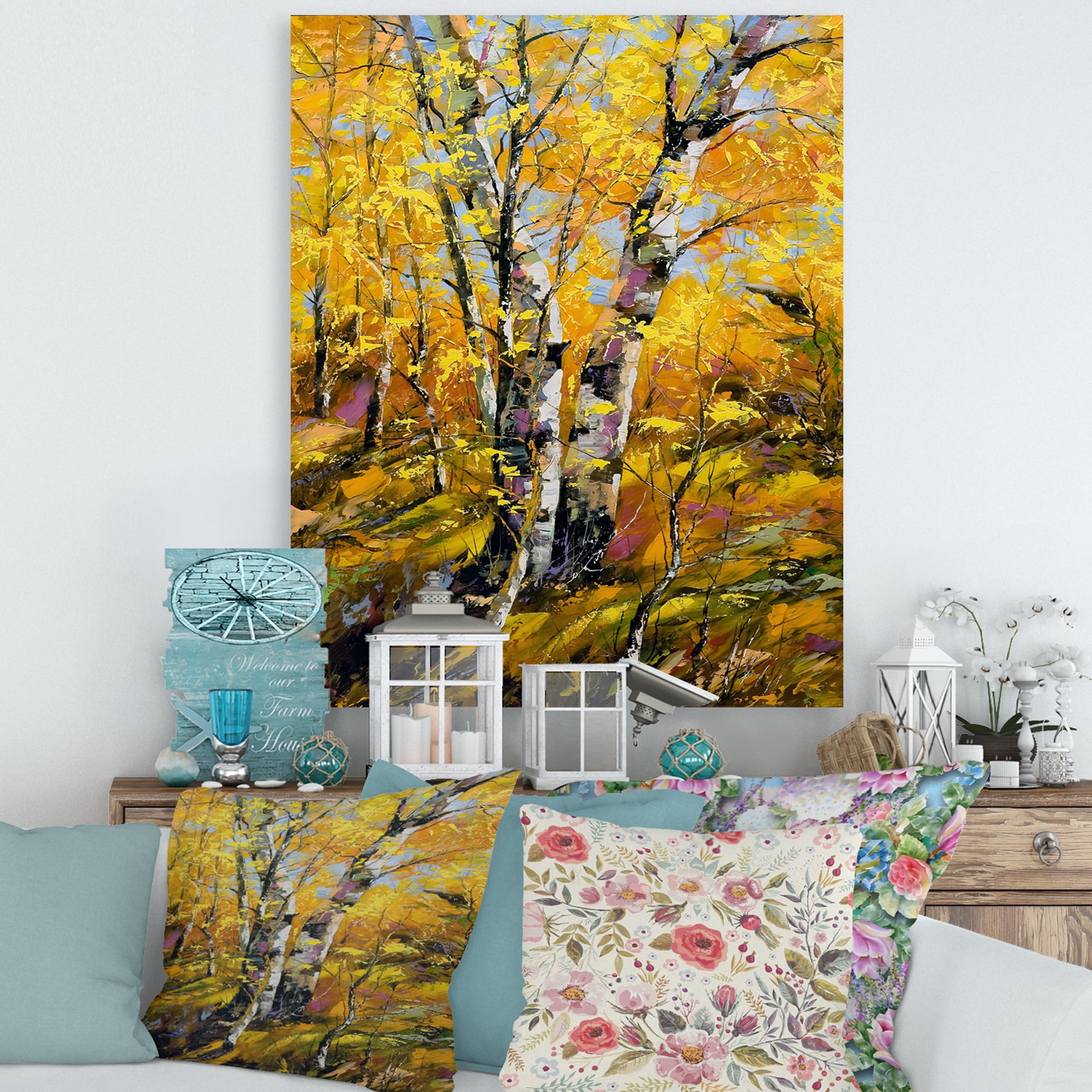 Designart ' Birches In Yellow Autumn Wood Forest ' Country Canvas Wall Art Print