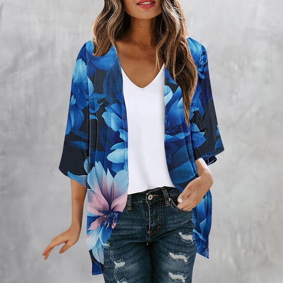 HOMBOM Womens Lightweight Kimonos 3/4 Sleeve Sheer Cover Up Boho Open Front Casual Floral Cardigan for Young Women