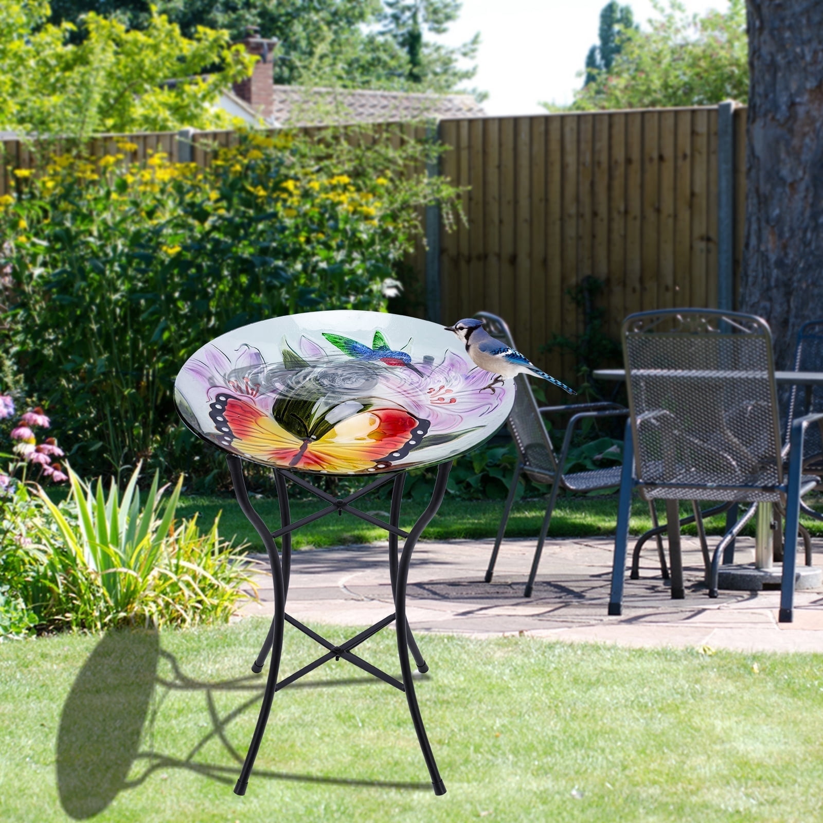 Outdoor Bird Bath, Solar Bird Bath, Butterfly Pattern, With Metal Stand, Attracts Birds, For Garden,Lawns,Patio