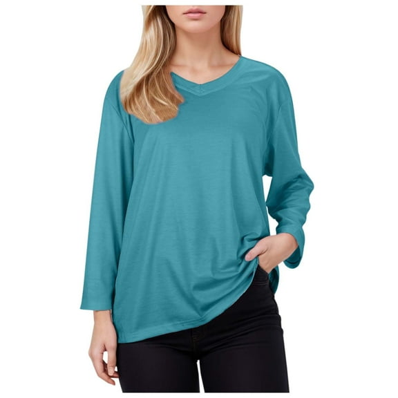 Dpytoraw Women's Casual V Neck Pullover 3 4 Sleeve Solid Color Base Top Plus Size Tops